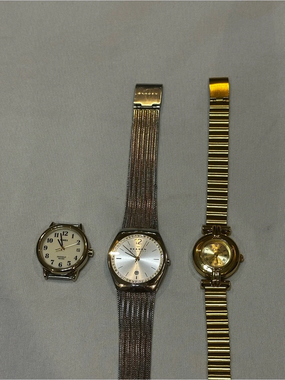 Watch Bundle: Timex Face, Two Tone Skagen and Gold Tone Lotus. Vintage inspired.